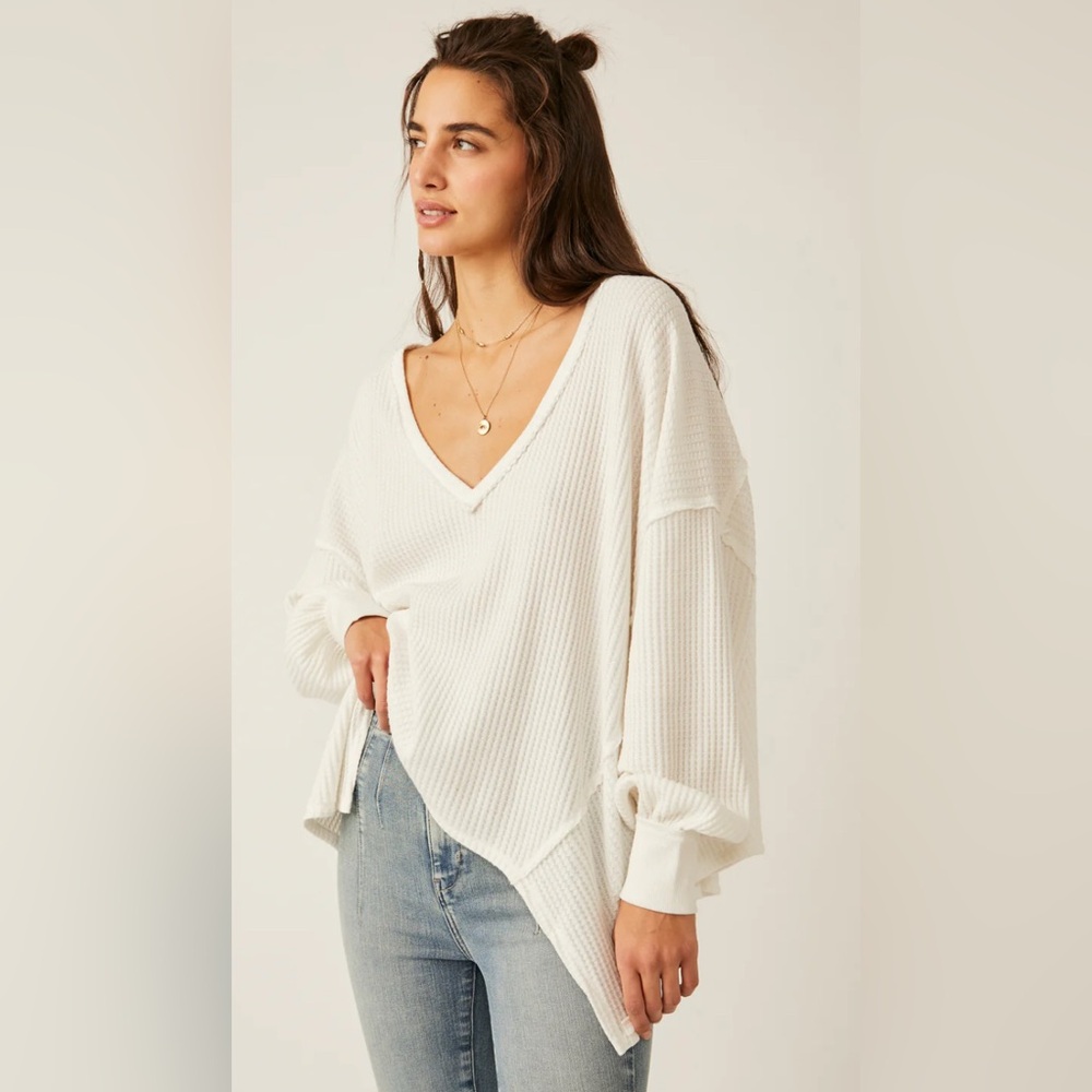 Free People Thermal White V-Neck Waffle Knit Sweater